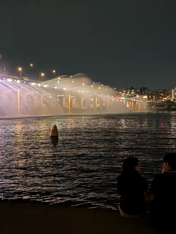 La fuente del puente Banpo iluminada de noche sobre el río Han