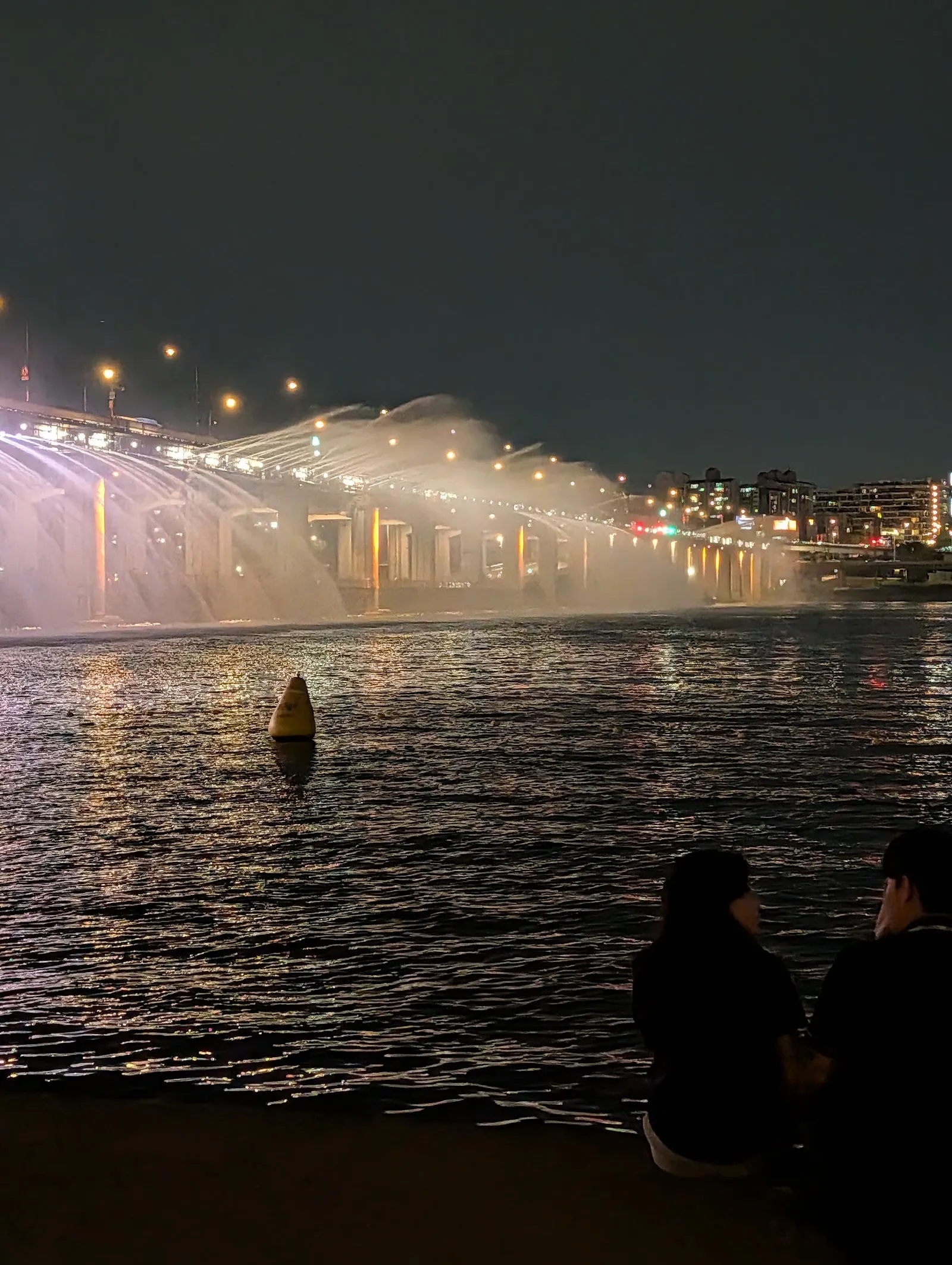 La fuente del puente Banpo iluminada de noche sobre el río Han